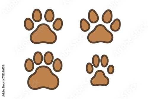 Paw print vector icon set. Dog or cat footprint symbol. Animal track silhouette for pet shop logo or veterinary clinic. Puppy or kitten steps trail graphic illustration.