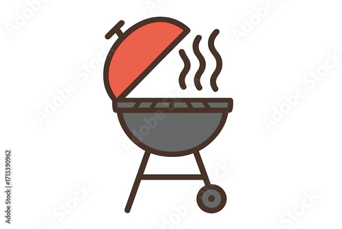 Barbecue grill icon for outdoor cooking. Vector illustration of a charcoal kettle BBQ with steam. Summer picnic and backyard party symbol. Flat design element for food concepts.