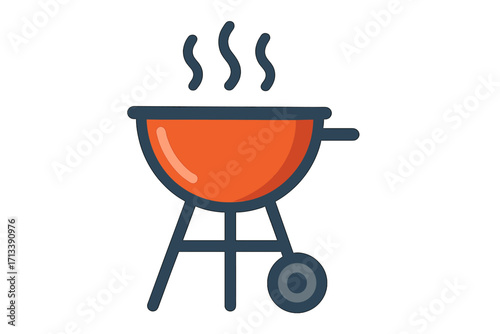 Barbecue grill icon. Flat style BBQ symbol. Vector cartoon illustration for summer cookout, picnic, and outdoor party. Hot charcoal grill with smoke for grilling food.