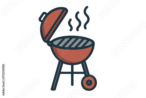 Barbecue grill vector illustration. BBQ cookout icon. Outdoor cooking, picnic and summer party concept. Charcoal grill symbol. Hot food, smoke. Flat cartoon design element.