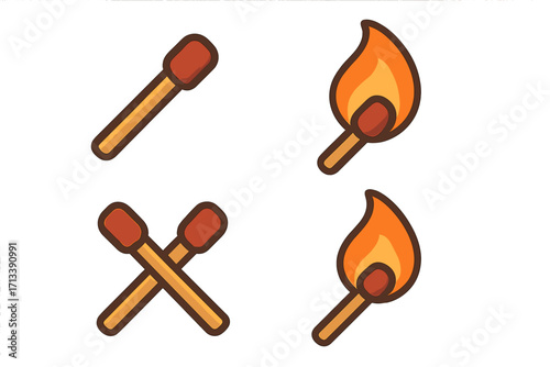 Matchstick icon set. Burning match with fire flame and crossed unlit matches. Flat vector cartoon symbol. Outdoor, camping, hiking, and survival equipment concept design.