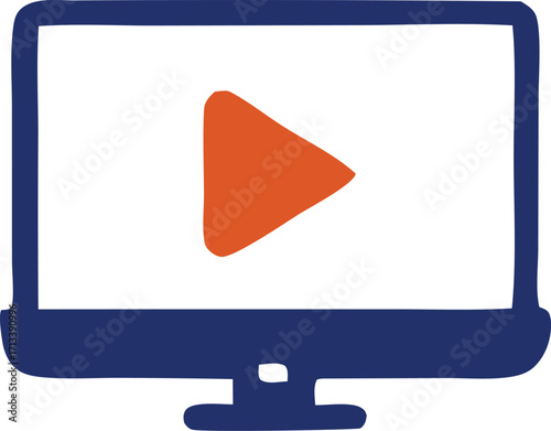 Simple blue computer monitor displaying a bold orange play button icon for digital media and content playback