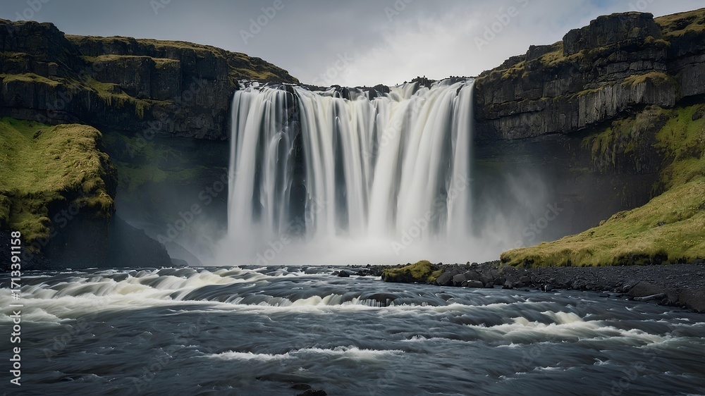 Fototapeta premium Dettifoss Falls (Iceland) - World Waterfalls unveils the raw power of Europe’s most powerful waterfall, where thundering glacial waters crash through rugged canyons in a breathtaking natural spectacle