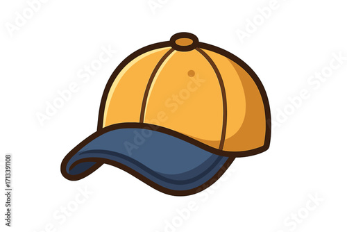 Baseball cap icon. Flat style vector cartoon illustration. Sports headwear symbol. Yellow and blue hat. Fashion accessory for sun protection. Isolated casual clothing element.