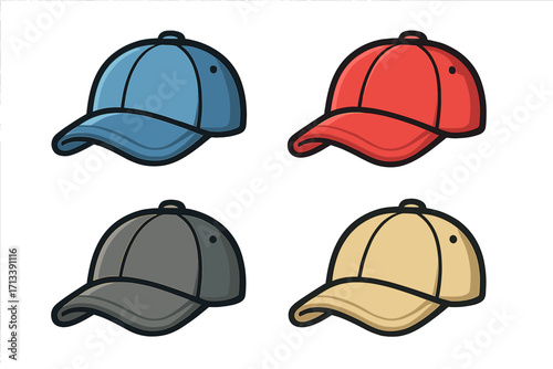 Baseball cap vector illustration set. Colorful collection of headwear fashion accessories. Cartoon flat icon style for sport, casual, or team branding mockup template.