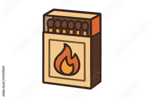 Matchbox with matches icon vector illustration. Flat cartoon design. Fire, flame, ignition symbol. Concept for camping, survival, flammable, danger. Open box with wooden matchsticks.