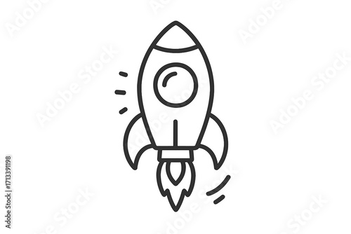 Rocket icon for startup business launch. Spaceship taking off. Vector line art symbol for success, innovation, project boost, speed, and mission. Minimalist outline graphic.