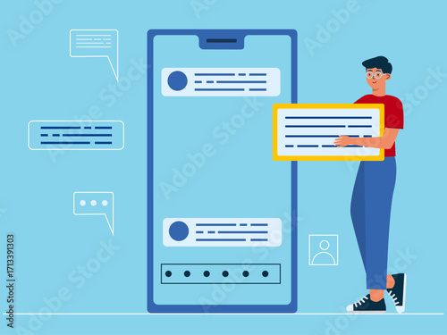 Man builds a framework filled with components in a cell phone making applications. Technology illustration. Flat vector illustration concept.