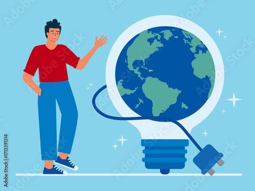 Giant light bulb symbol of globe and clean energy. Technology illustration. Flat vector illustration concept.