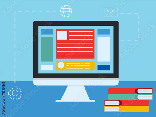 Computer features and website design, modern content, learning developer concept. Technology illustration. Flat vector illustration concept.