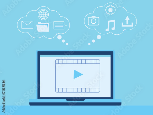 Computer with various features such as video, mail, internet, files, music, camera, settings and downloads. Technology illustration. Flat vector illustration concept.