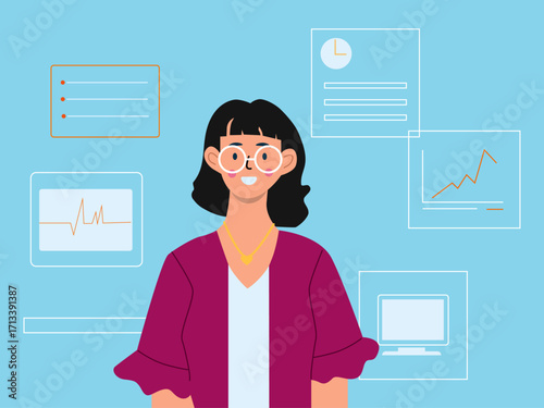 Businesswoman explaining her work project with curve information and marketing management. Technology illustration. Flat vector illustration concept.