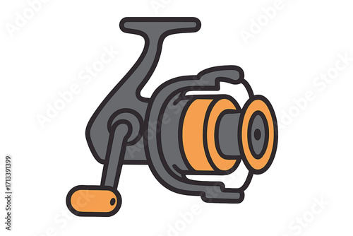 Fishing reel vector illustration. Spinning reel for sport fishing, a key piece of fisherman equipment. Angler gear and tackle concept. Cartoon icon for hobby and leisure.