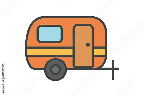 Caravan trailer icon for camping and travel. Vector flat illustration of a camper van for road trip vacation. Mobile home or motorhome symbol for adventure journey design.