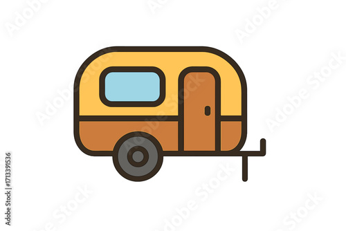 Camper trailer vector icon. Flat cartoon caravan for camping, travel, and vacation. Road trip adventure symbol. Recreational vehicle (RV) for holiday journey concept.