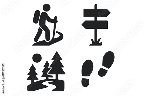 Hiking trail icon set. Outdoor adventure and nature exploration symbols. Vector silhouette collection with hiker, forest path, footprint and signpost for trekking & walking.