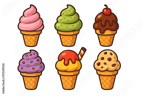 Variety of cartoon ice cream cones with unique flavors and toppings. Colorful vector illustration set of sweet dessert food. Cute icons for summer, chocolate, strawberry.