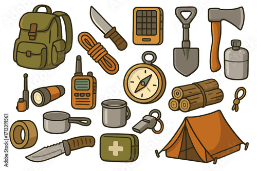 Survival gear vector icon set. Camping equipment and tools for hiking, outdoor adventure, and emergency preparedness. Collection of backpack, knife, compass, and tent items.