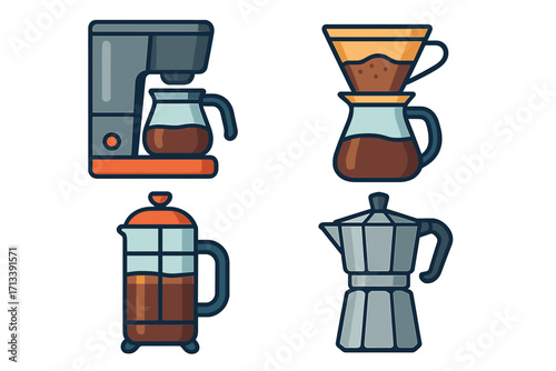 Coffee brewing methods vector icon set. Collection of coffee makers: drip machine, pour-over, French press, and Moka pot. Flat cartoon illustration for cafe menu.