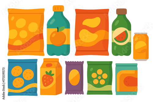 Snack and beverage package set. Cartoon vector illustration of junk food. Chips, soda, juice, cookies. Supermarket product for vending machine. Colorful flat design elements.