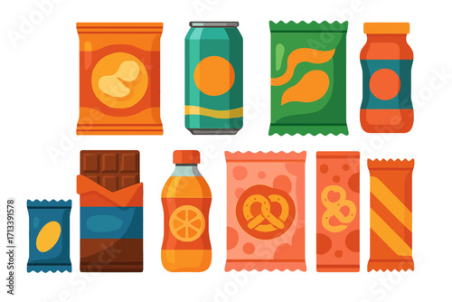 Snack and drink vector icon set. Colorful food packaging illustration collection. Junk food concept for vending machine, chips, soda, chocolate, pretzels, and juice. Cartoon flat design.