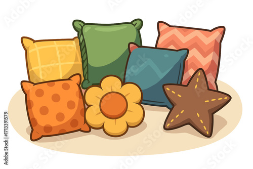Set of colorful decorative cushions. Vector cartoon illustration of various cozy pillows for home decor. Soft textile collection with different shapes, star and flower.