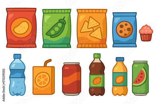Vending machine snacks and drinks icon set. Colorful cartoon vector illustration of packaged junk food. Chips, soda, juice, cookies, and water bottle. Flat design items.