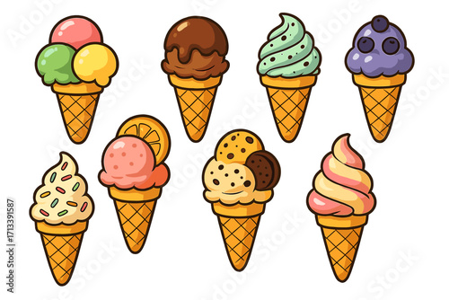 Cartoon ice cream cone set. Vector collection of sweet summer desserts with various flavors like chocolate, fruit, mint, and cookie. Colorful food illustration icons for kids.