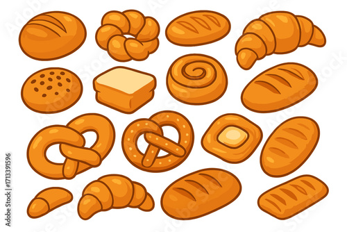 Bakery food set. Various breads, pastries, baked goods collection. Cartoon vector illustration of croissant, pretzel, loaf, bun, roll. Fresh breakfast meal icons isolated.
