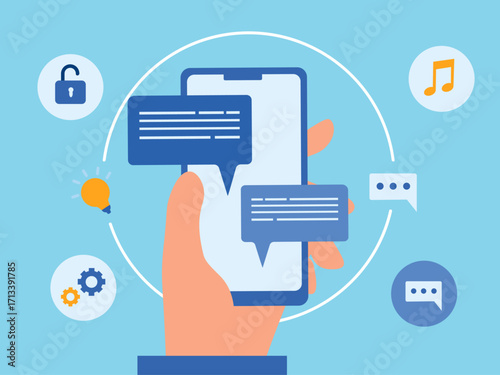 Woman holding mobile phone reading text, lock, settings, ideas, music and chat. Technology illustration. Flat vector illustration concept.