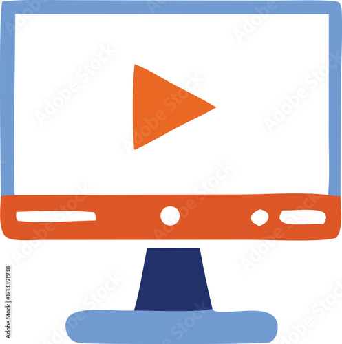 Digital play button icon on computer screen monitor graphic representing online video streaming and media playback services