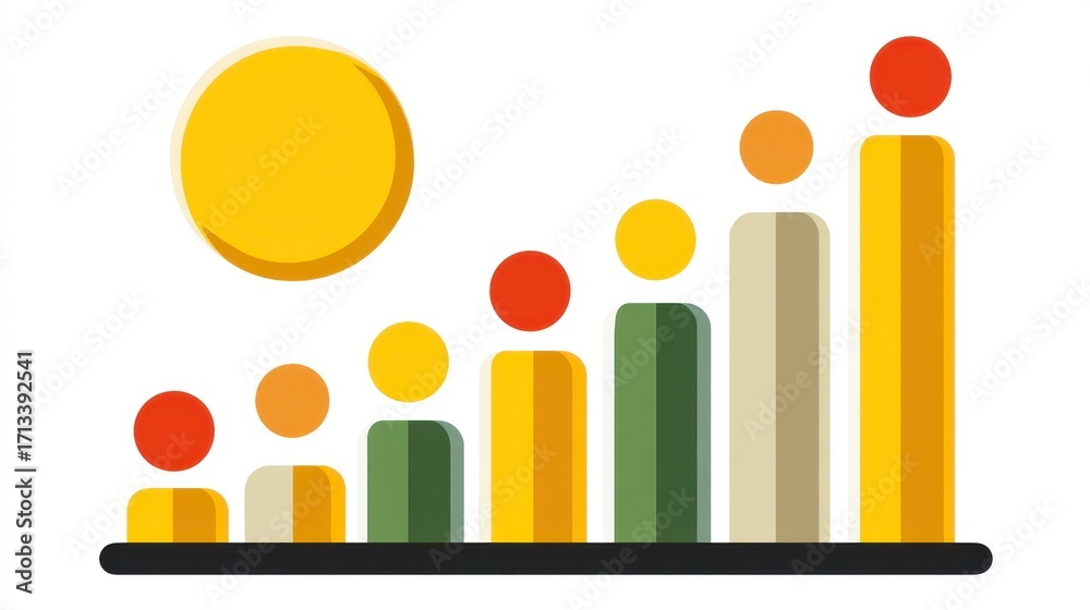 Obraz premium Financial Growth Chart Featuring Multi Colored Bars and a Yellow Sun Vector Illustration