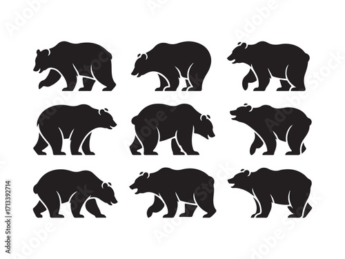 Collection of bear silhouettes vector isolated on white background