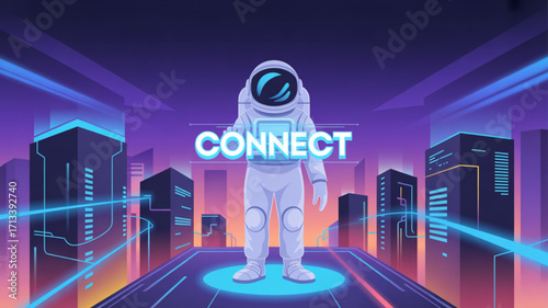 Astronaut connecting in futuristic city network for global communication and technology integration concept