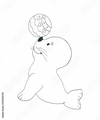 Adorable sea lion balancing patterned ball, perfect for children's books and playful designs