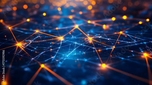 A close-up view of a network with glowing nodes and connections, representing advanced technology and digital communication.