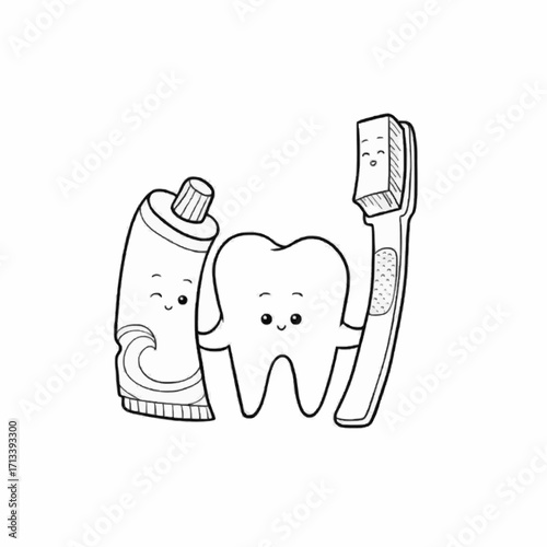 Adorable tooth character with toothpaste and toothbrush friends promotes dental health cheerfully