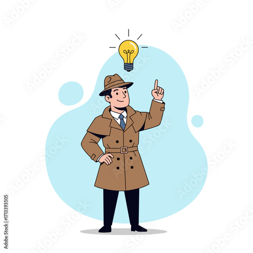 Detective with a bright idea light bulb above his head.