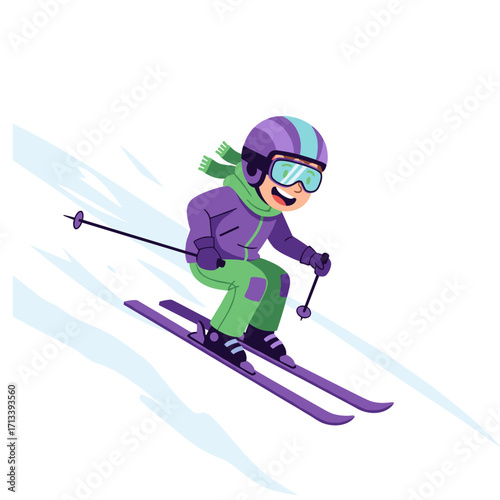Cartoon skier enjoying a thrilling downhill ski run on a snowy mountain slope.