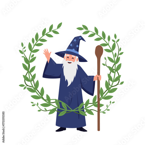 Wizard with a staff and a wreath of leaves.