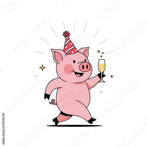 Happy Pig Wearing Party Hat Holding Champagne Glass Celebrating.