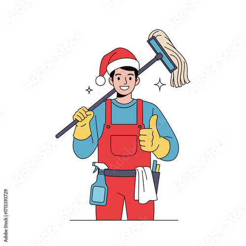 Christmas cleaner man with mop and spray bottle giving thumbs up.