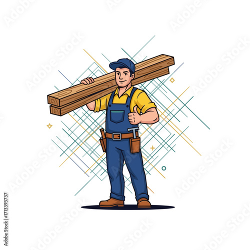 Carpenter carrying wood planks and giving thumbs up.