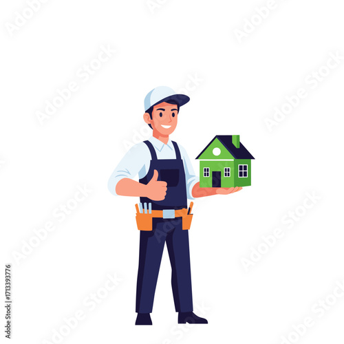 Construction worker holding a green house model giving thumbs up.