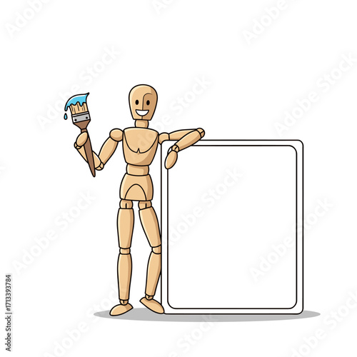 Wooden mannequin artist holding a paintbrush and standing next to a blank board.