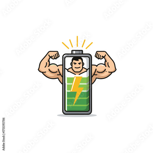 Strong Battery Character with Flexing Muscles and Lightning Bolt Symbol.