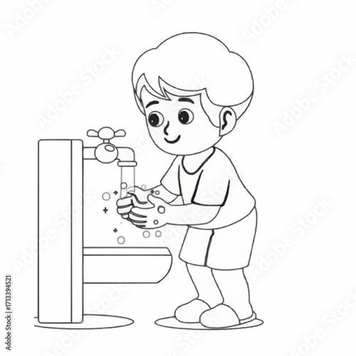 Boy washing hands carefully at the sink for good hygiene and health safety practices illustration