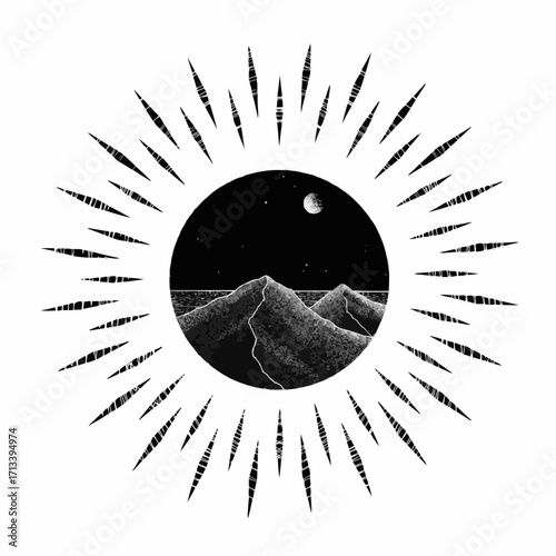 Dramatic night landscape illustration with mountains, stars and moon design element