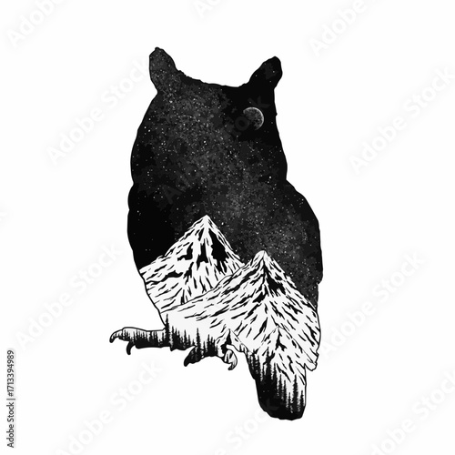 Stunning owl art featuring majestic mountains, night sky and stars, perfect for nature lovers