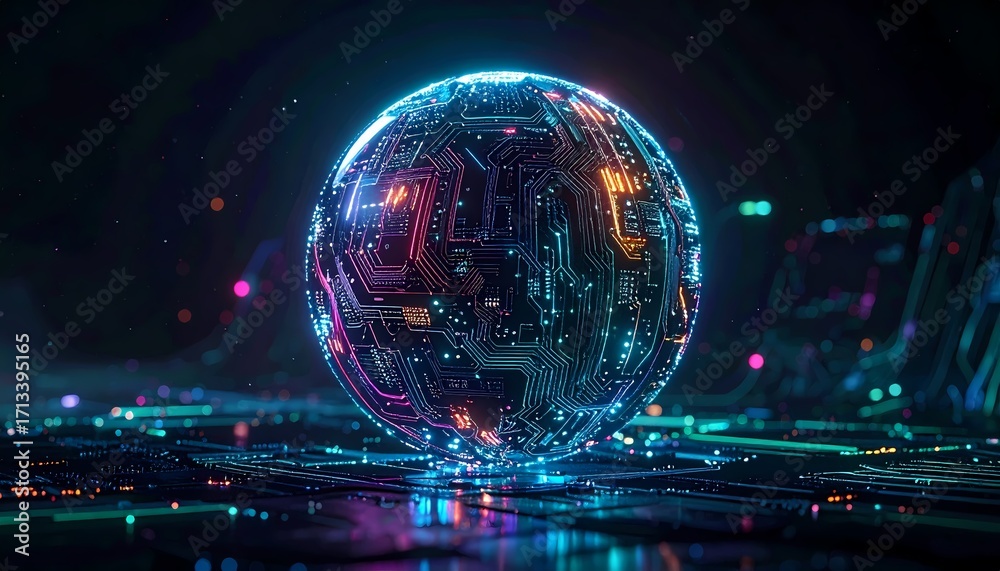 Fototapeta premium A glowing futuristic sphere with intricate circuit patterns reflecting on a dark, neon-lit digital landscape, symbolizing advanced technology and data processing.
